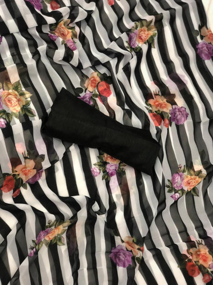 black and white strip georgette flower printed saree