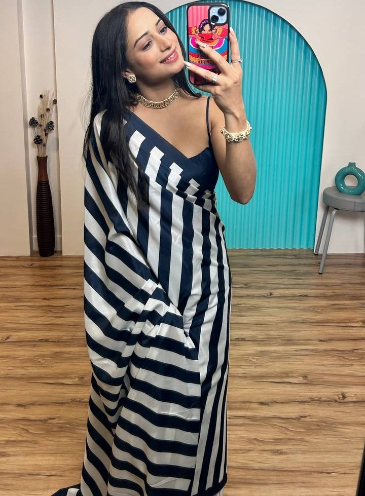 Black and white strip printed ready to wear saree