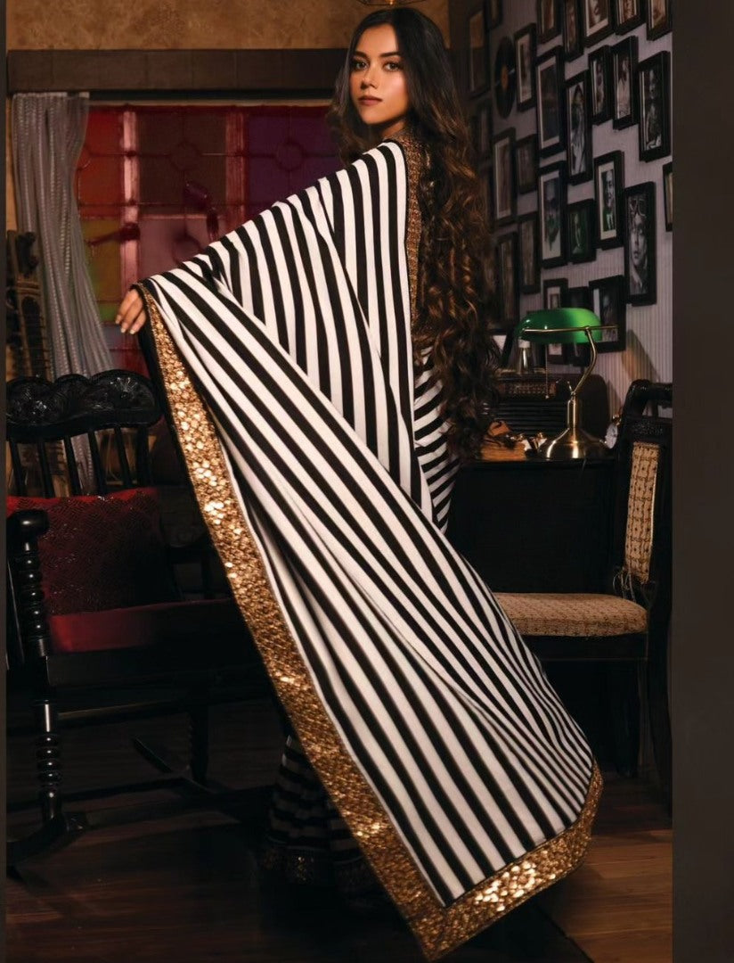 Black and white stripe georgette party wear saree