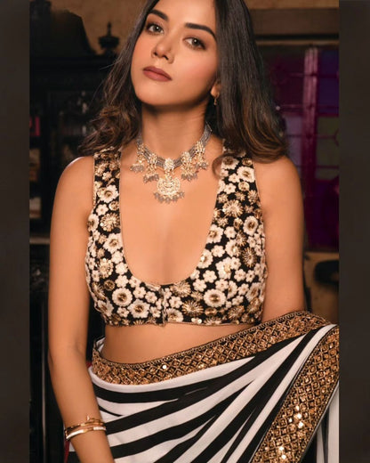 Black and white stripe georgette party wear saree