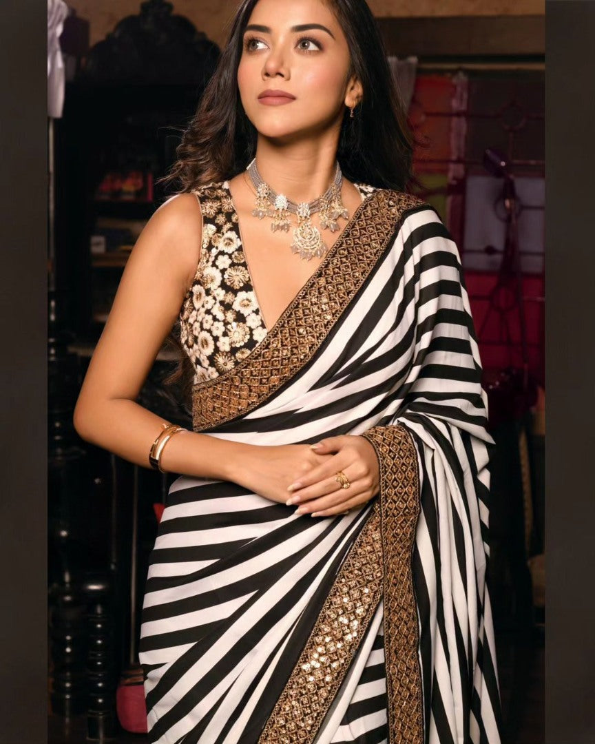 Black and white stripe georgette party wear saree