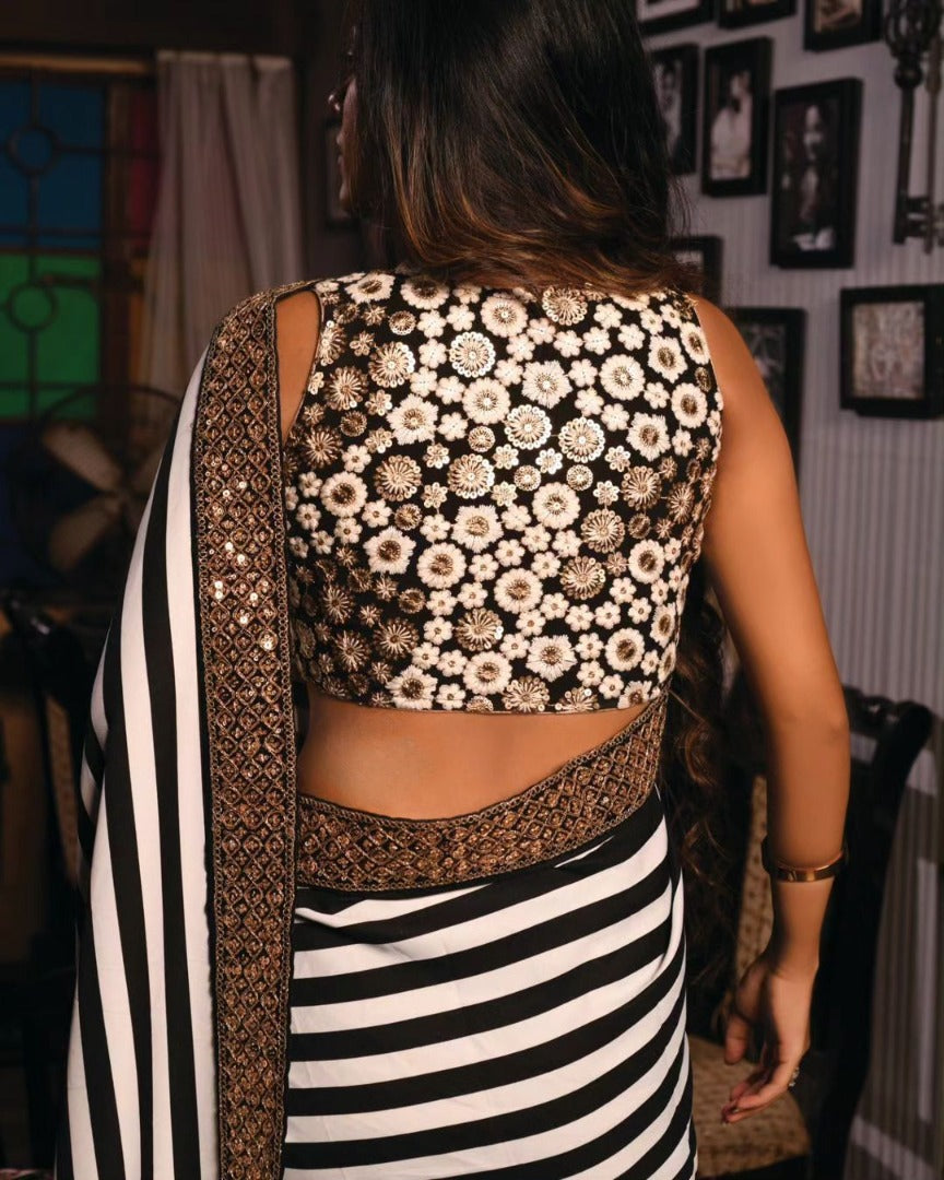 Black and white stripe georgette party wear saree