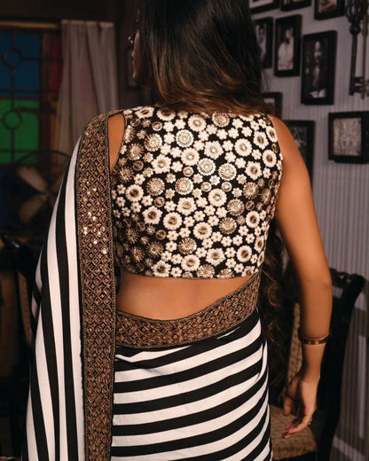Black and white stripe georgette party wear saree