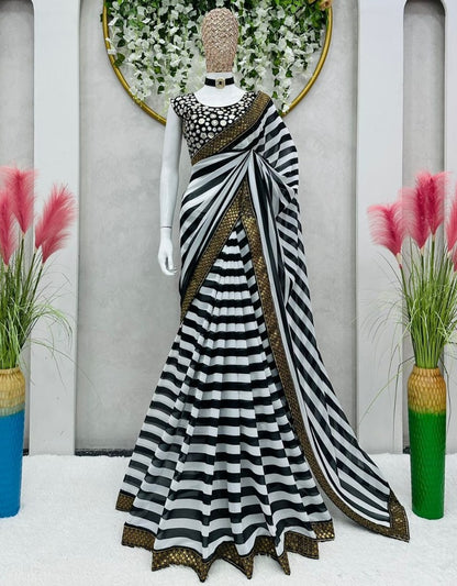 Black and white stripe georgette party wear saree