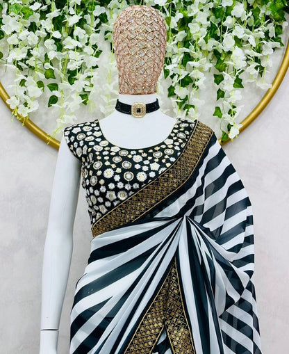 Black and white stripe georgette party wear saree