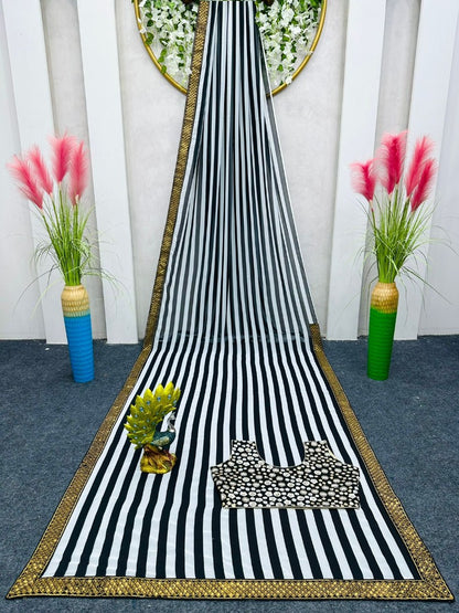 Black and white stripe georgette party wear saree