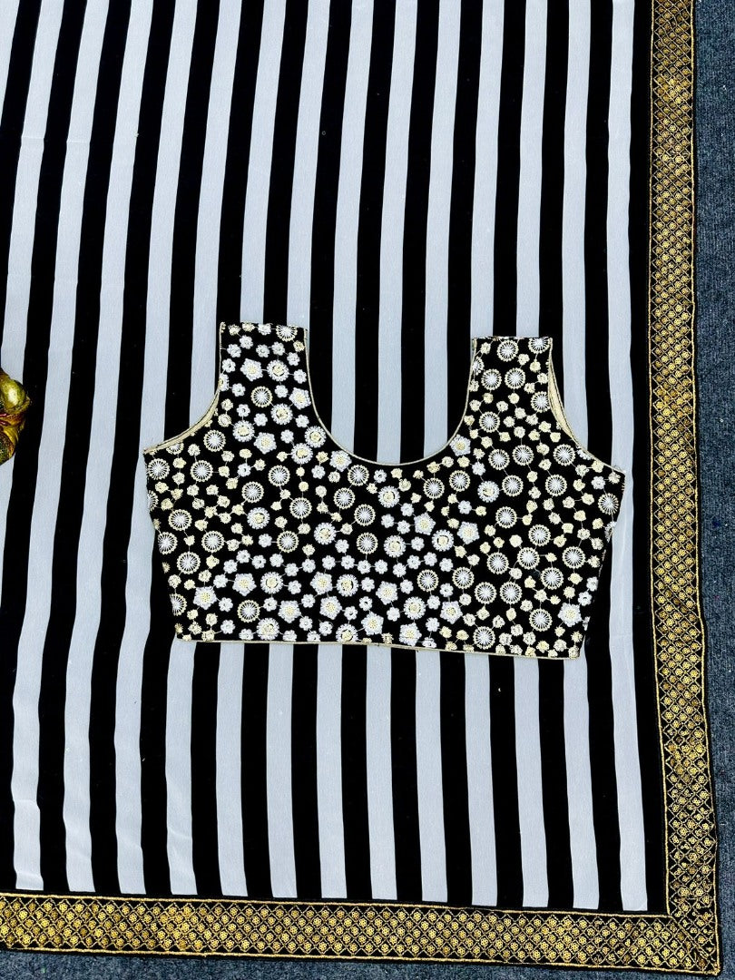 Black and white stripe georgette party wear saree