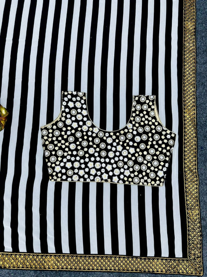 Black and white stripe georgette party wear saree