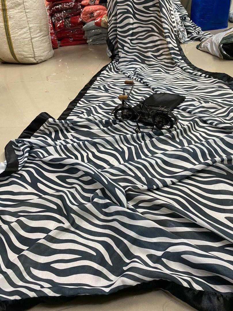 Black and white vichitra silk digital flower printed saree