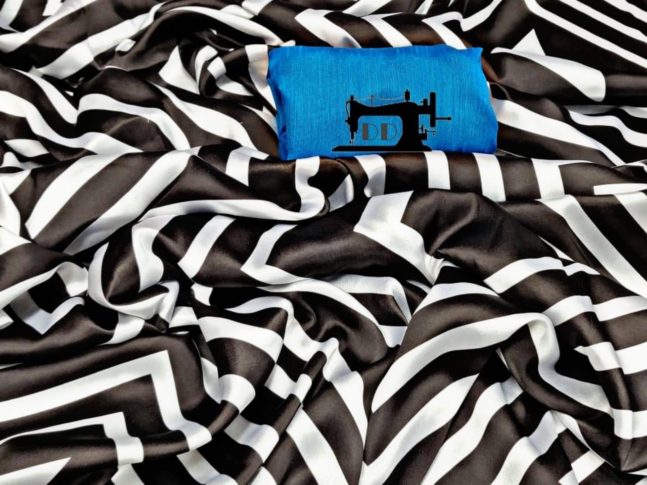 black and white zig zag printed satin partywear saree