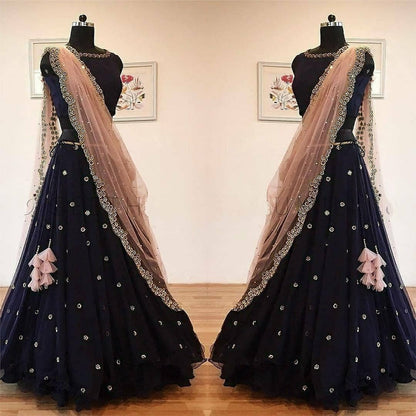 black art georgette ceremonial lehenga with mirrorwork dupatta