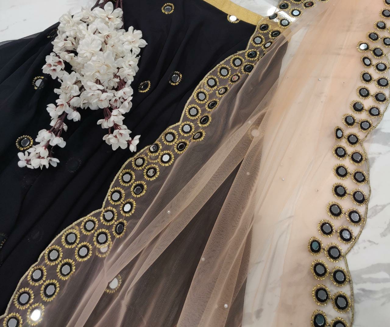black art georgette ceremonial lehenga with mirrorwork dupatta