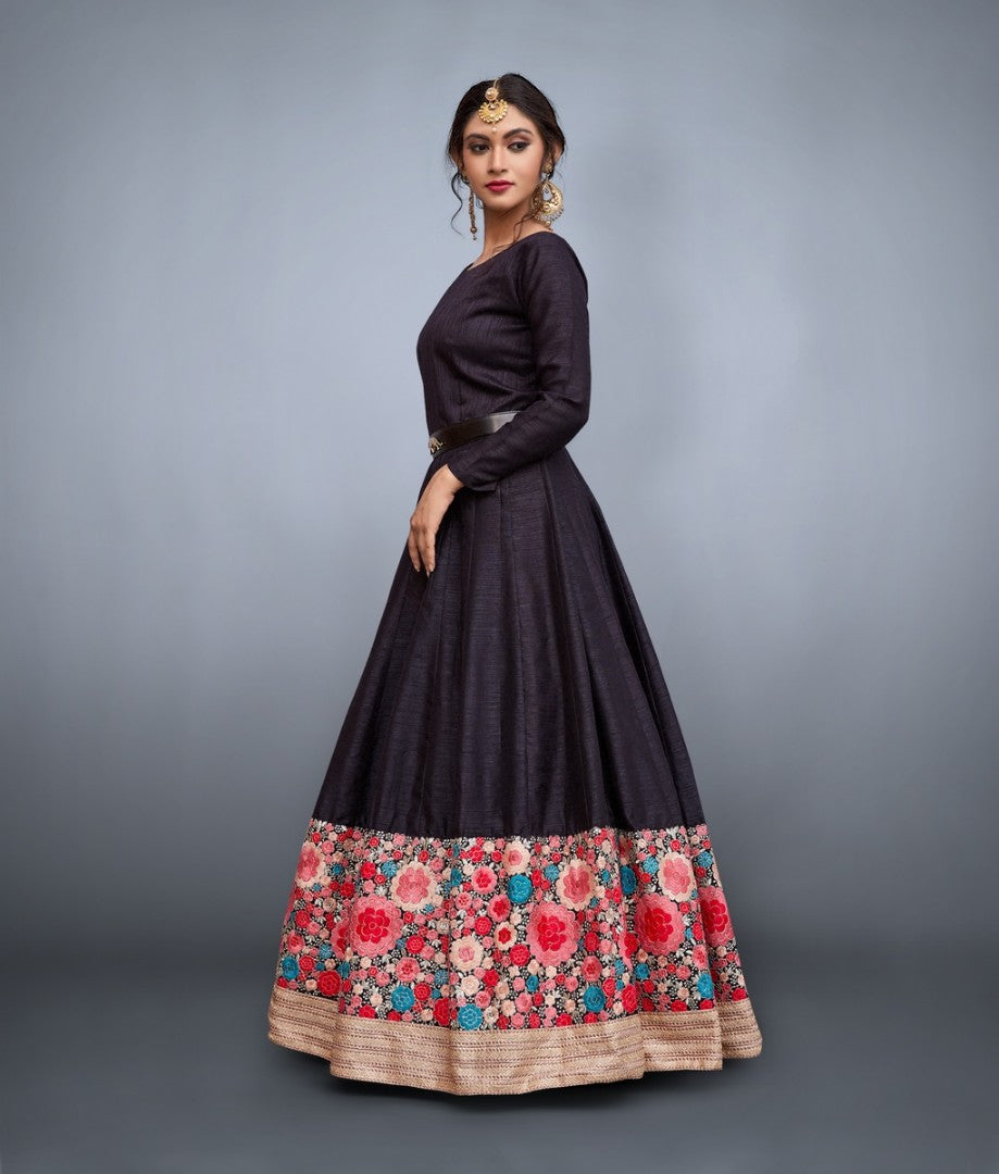 Black art silk embroidered partywear gown