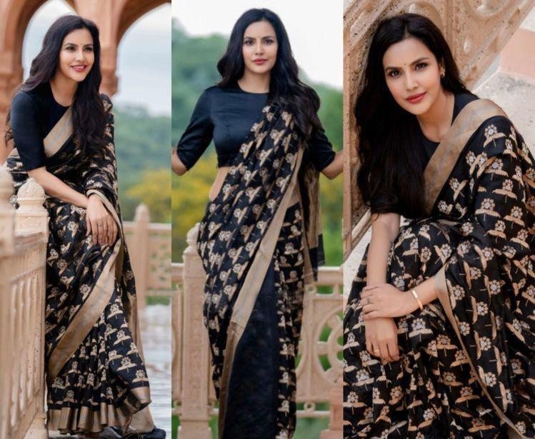 Black banarasi silk jacquard saree