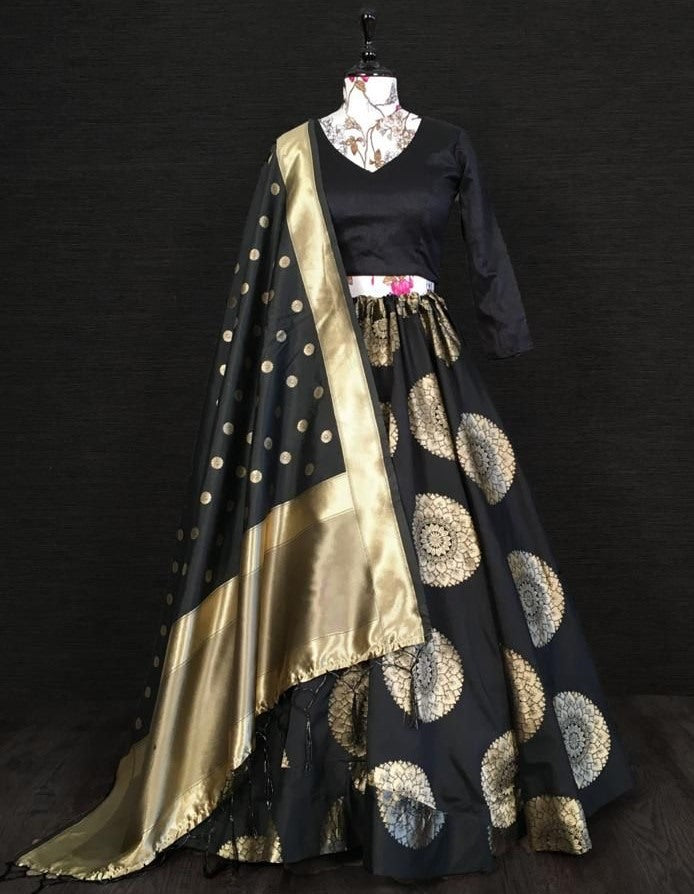 Black banarasi silk jacquard weaving work lehenga choli
