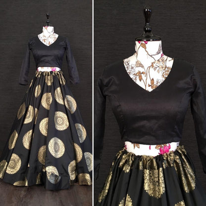 Black banarasi silk jacquard weaving work lehenga choli