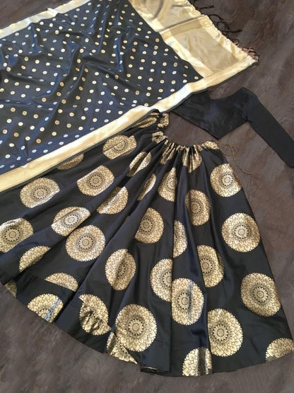 Black banarasi silk jacquard weaving work lehenga choli