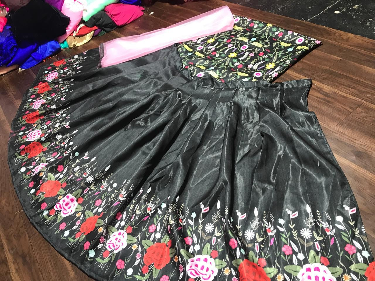 Black banglori satin flower digital printed partywear lehenga choli