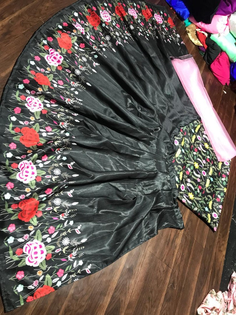 Black banglori satin flower digital printed partywear lehenga choli