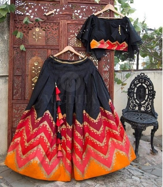 black banglori silk printed party and festival wear lehenga