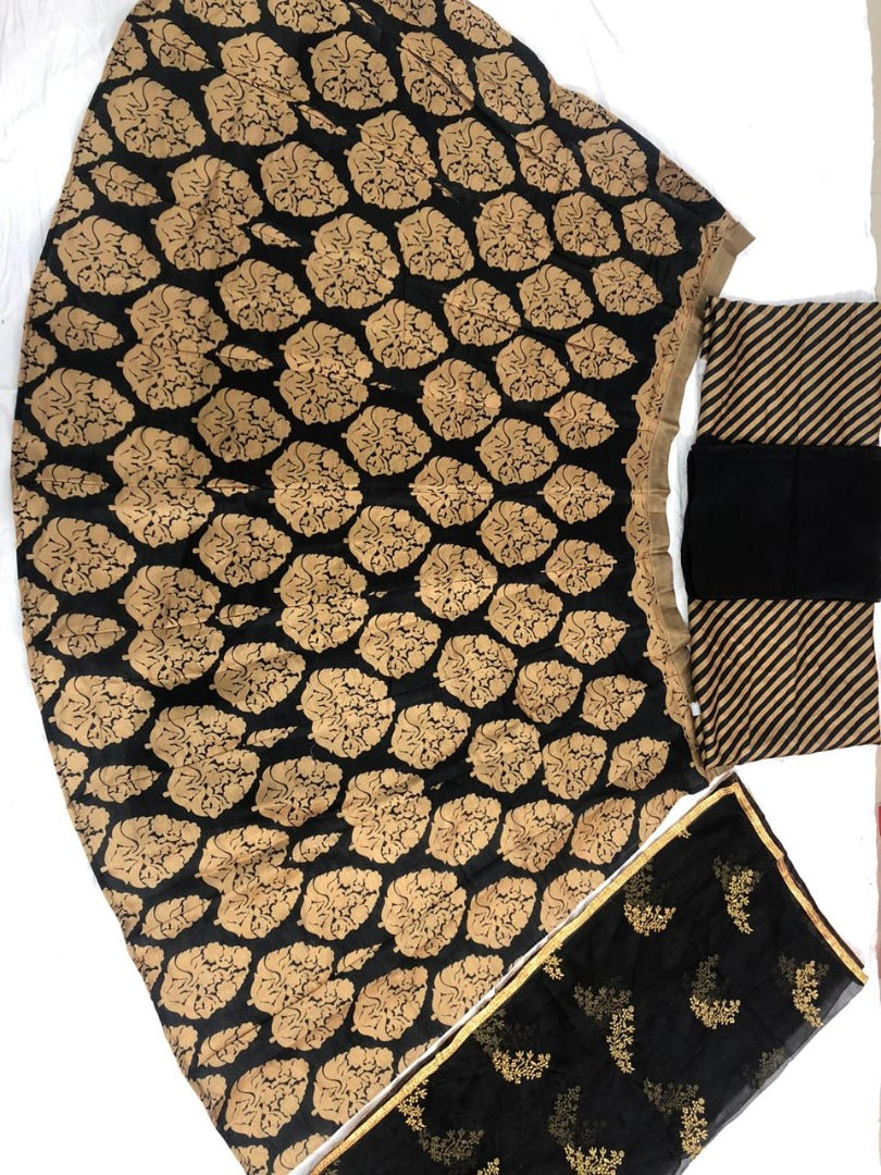 Black banglory satin golden print lehenga choli for ceremony