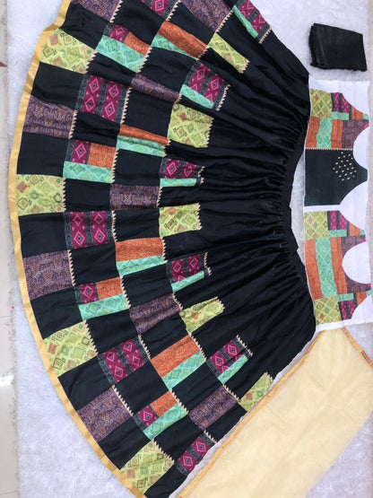 Black banglory satin multi printed festival lehenga choli