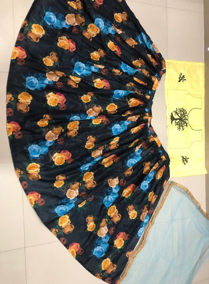 Black banglory satin multicolor flower printed festival wear lehenga choli