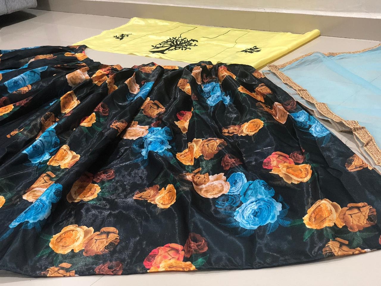 Black banglory satin multicolor flower printed festival wear lehenga choli