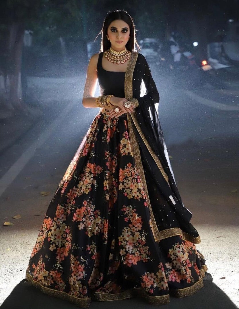 Black banglory silk flower printed lehenga choli