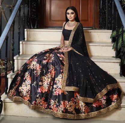 Black banglory silk flower printed lehenga choli