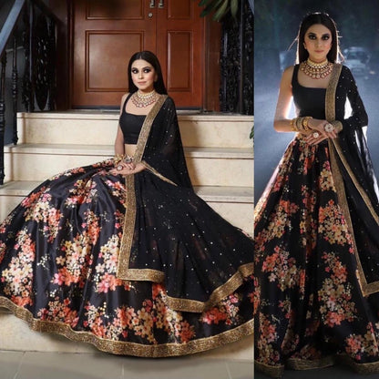 Black banglory silk flower printed lehenga choli