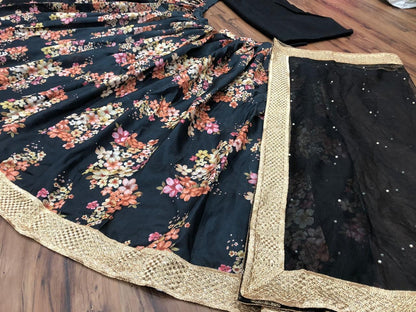 Black banglory silk flower printed lehenga choli