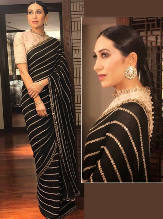 black bemberg georgette fancy thread and sequence worked partywear saree