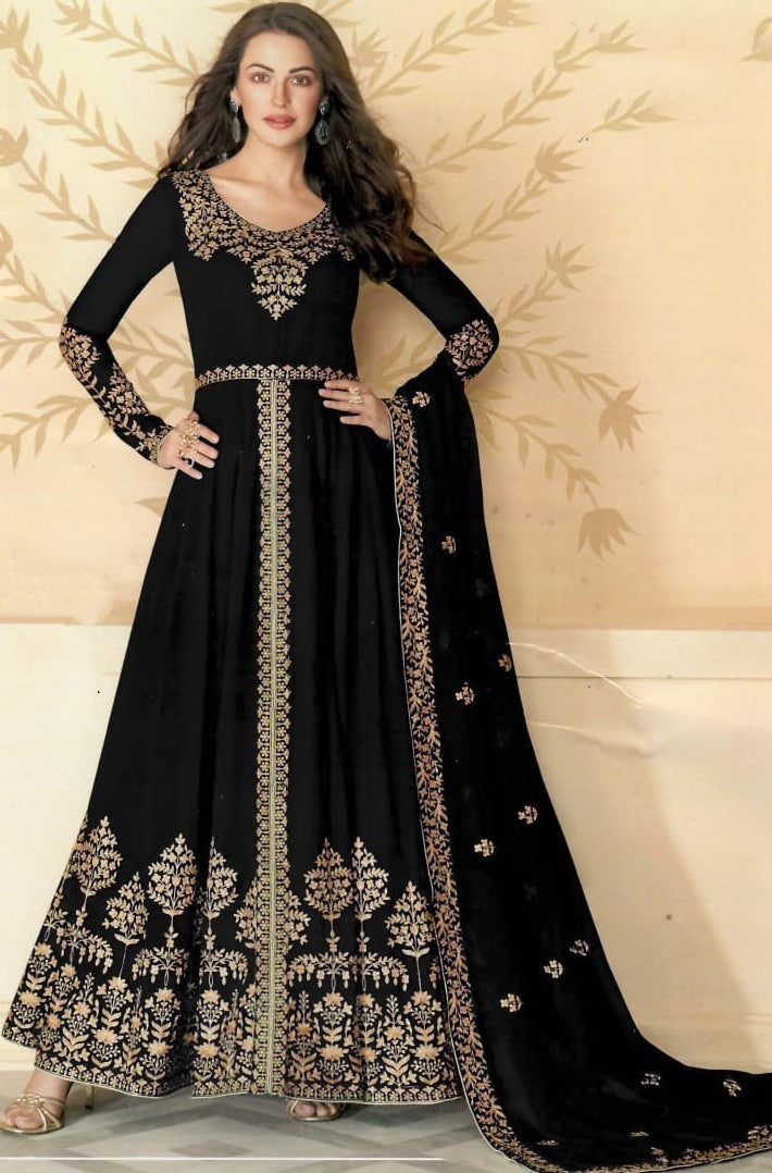 Black bluming georgette chain stich embroidered anarkali gown