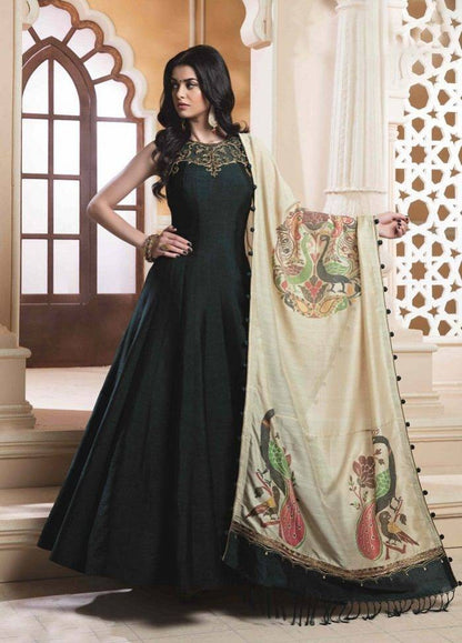 Black bright silk beautiful handworked gown with printed dupatta