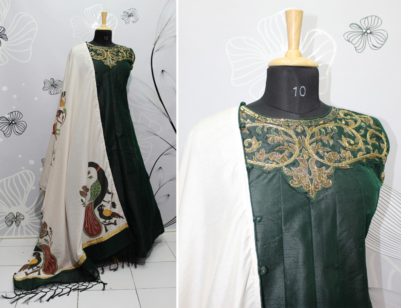 Black bright silk beautiful handworked gown with printed dupatta