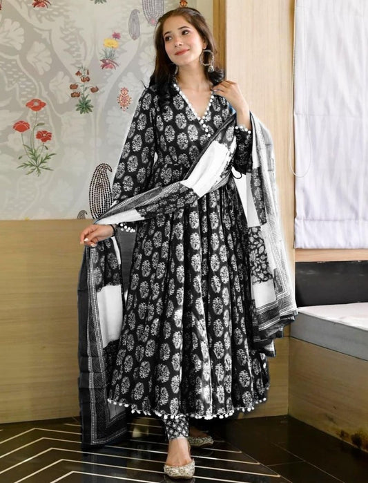 Black butter silk digial printed anarkali suit