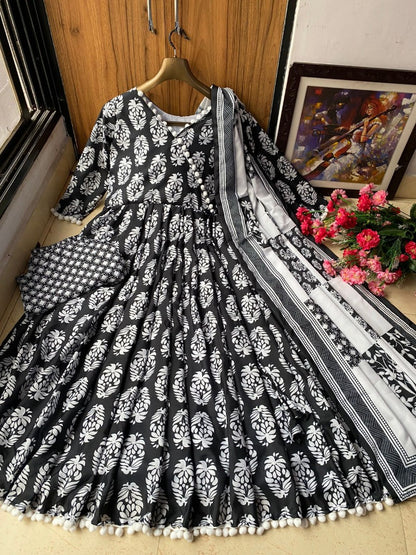 Black butter silk digial printed anarkali suit