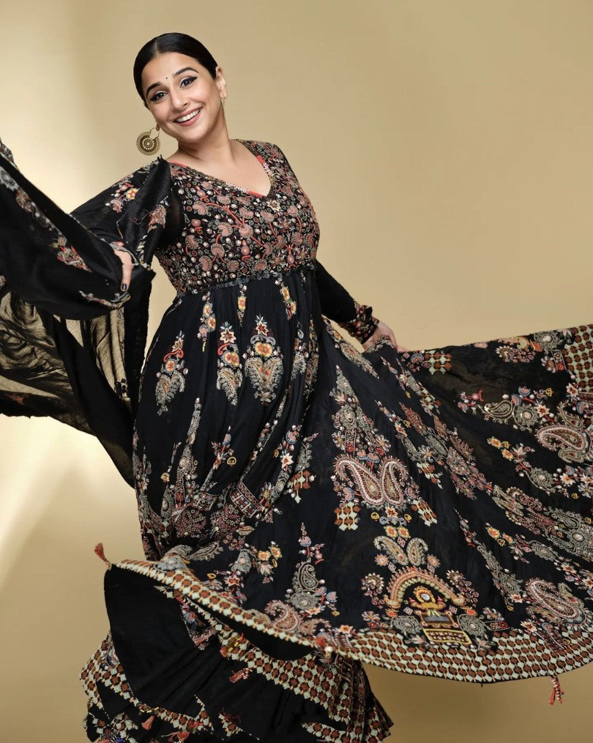 Black butter silk digital printed party wear bollywood gown