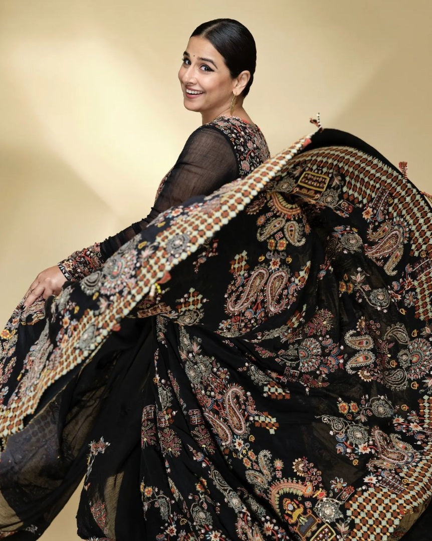 Black butter silk digital printed party wear bollywood gown