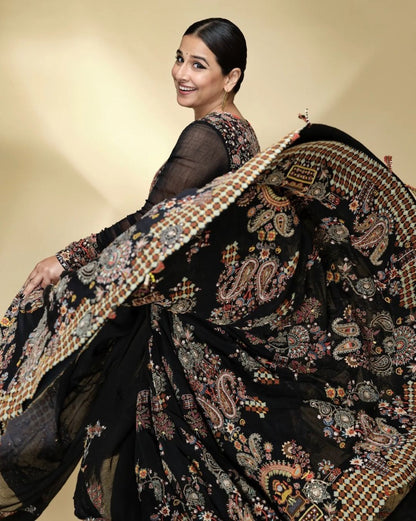 Black butter silk digital printed party wear bollywood gown