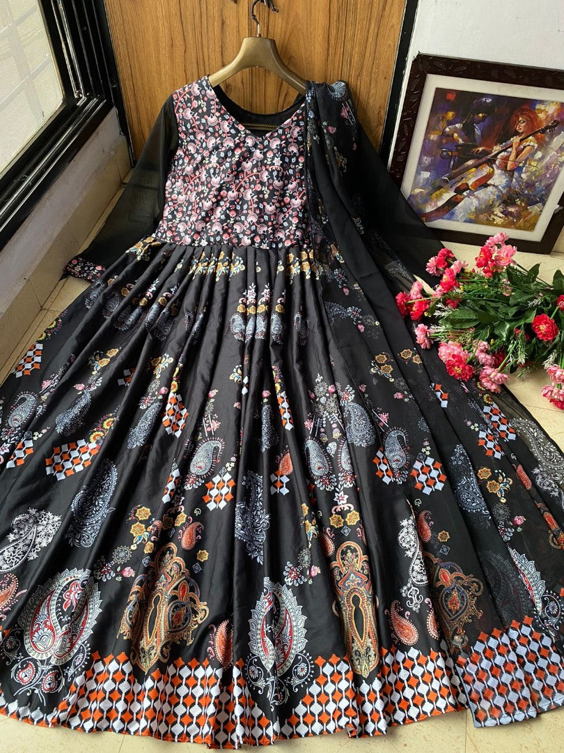 Black butter silk digital printed party wear bollywood gown