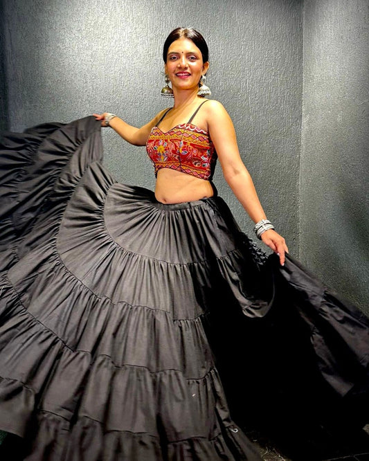 Black butter silk heavy flair crop top lehenga for navratri