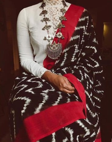 Black chanderi linen digital printed cotton tussles work saree