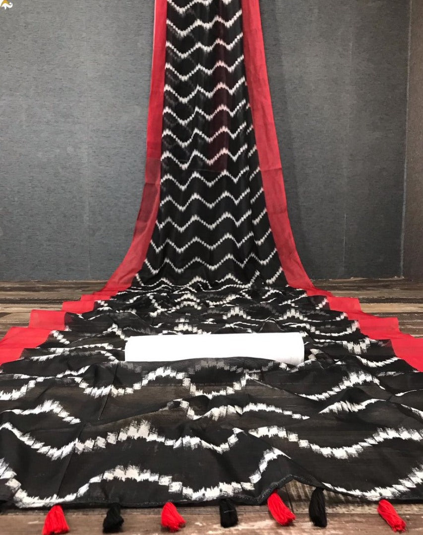 Black chanderi linen digital printed cotton tussles work saree