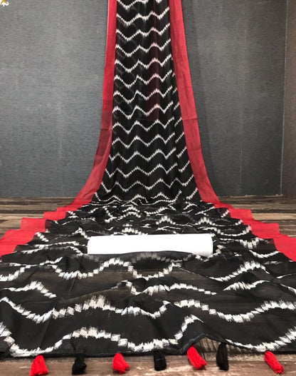 Black chanderi linen digital printed cotton tussles work saree