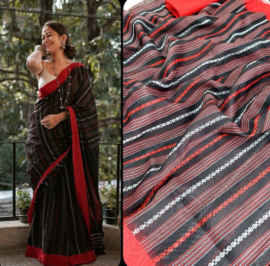 Black chanderi linen digital printed work saree