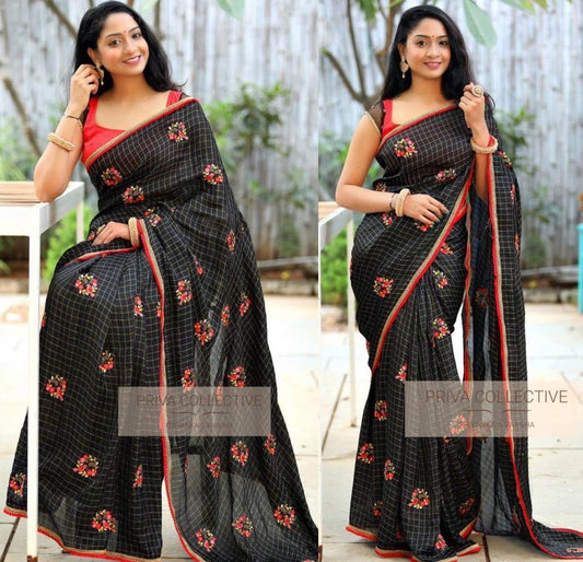 black chanderi silk checks embroidered saree