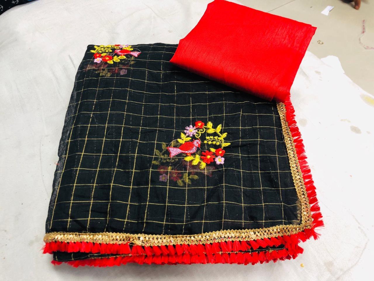 black chanderi silk checks embroidered saree