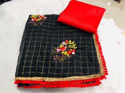 black chanderi silk checks embroidered saree